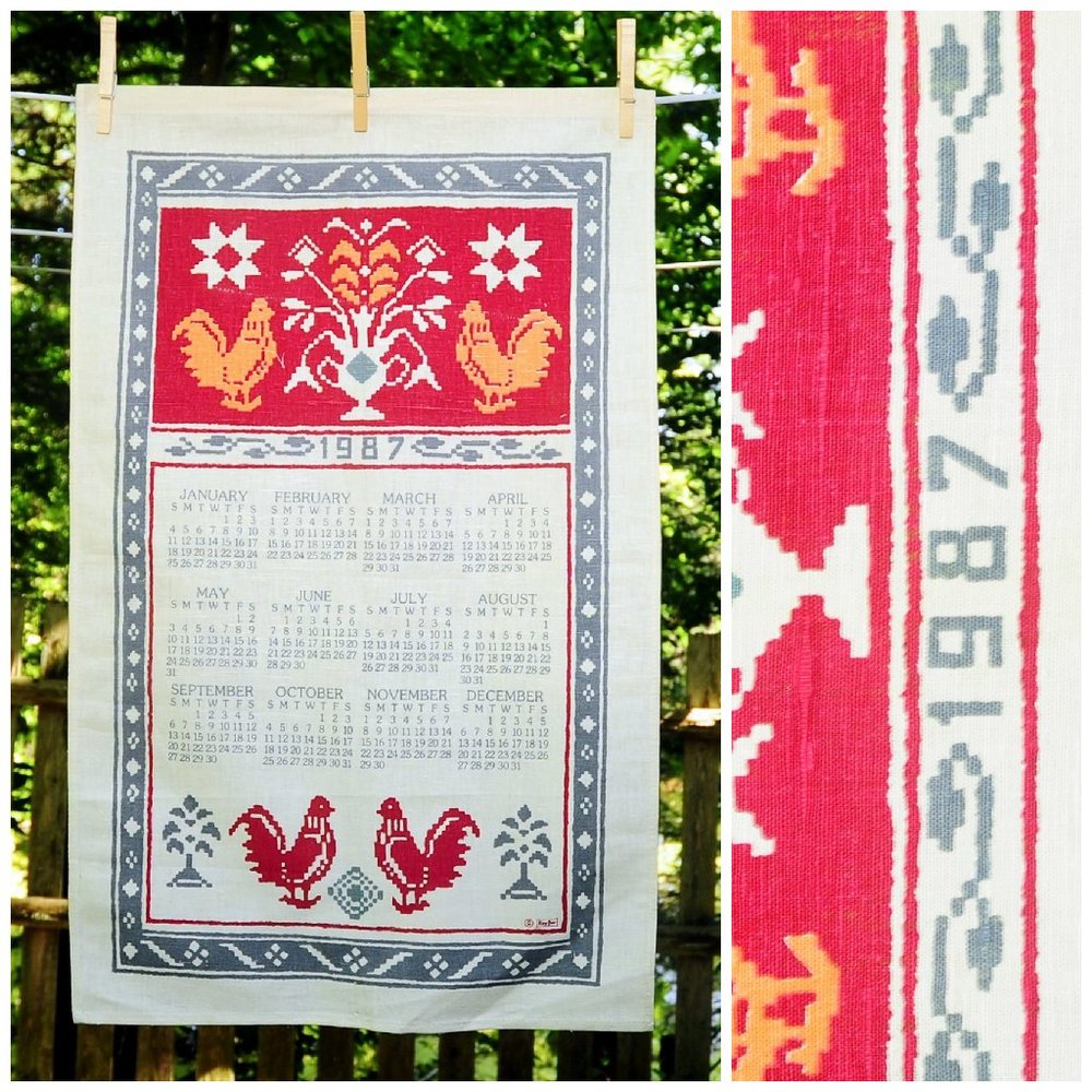 VTG 1987 Faux Cross Stitch Rooster & Grecian Floral Vase Kay Dee Calendar Towel